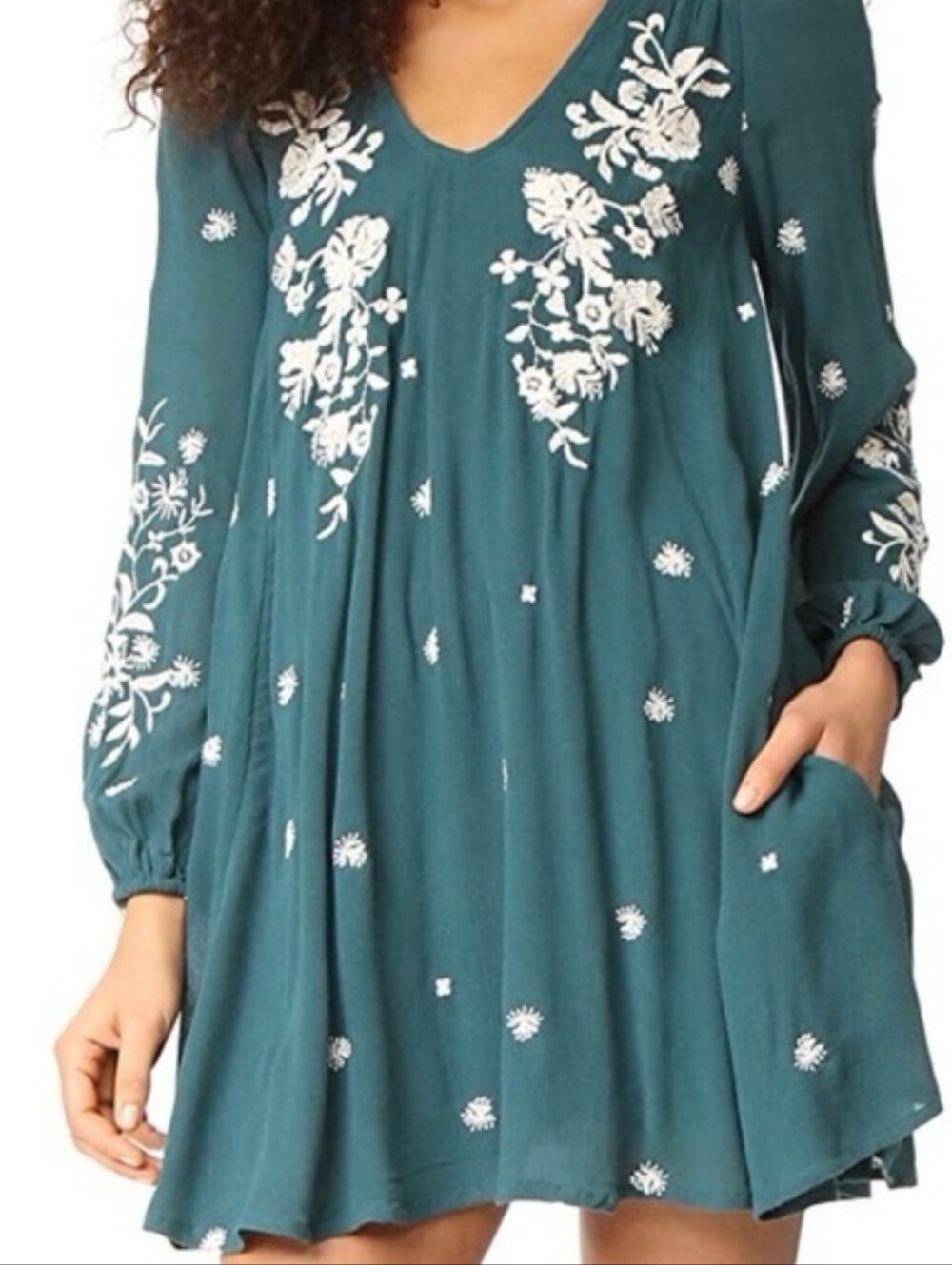 Free People Sweet Tennessee Mini Dress Teal Embroidered Open Back Size Medium